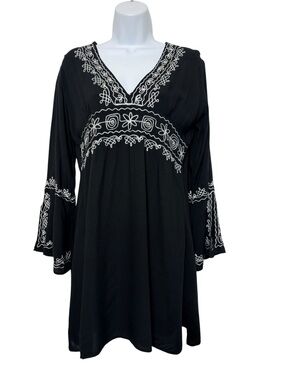 Soaked Black Embroidered Boho Swim Cover Beach Dress Bell Sleeve SzM